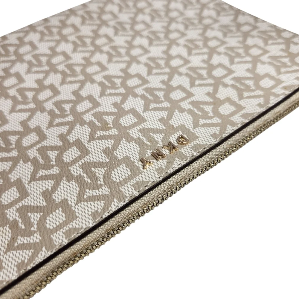 DKNY Bryant Park Logo Wristlet Pouch Cosmetic Bag Beige & Brown Faux Leather